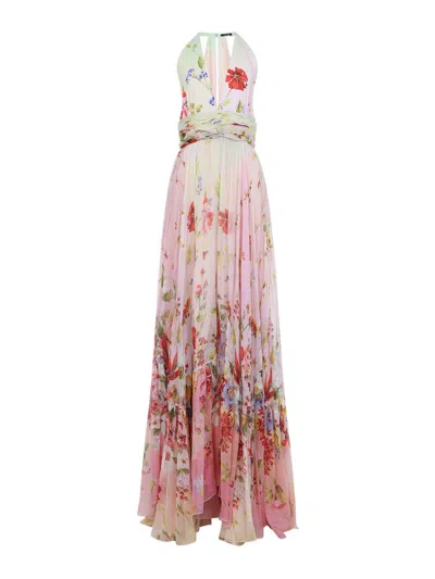 Roberto Cavalli Long Chiffon Dress With Miami Flowers Print In Pink
