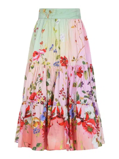 Roberto Cavalli Miami Flowers High Waist Tiered Midi Skirt In Multi
