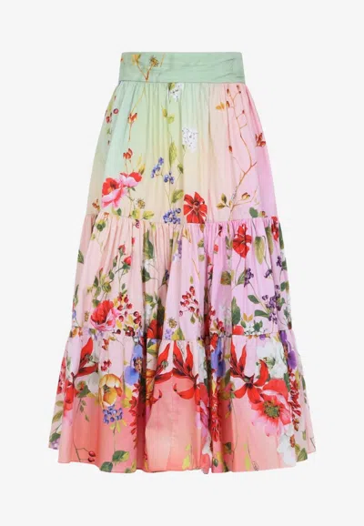 Roberto Cavalli Miami Flowers High Waist Tiered Midi Skirt In Multi