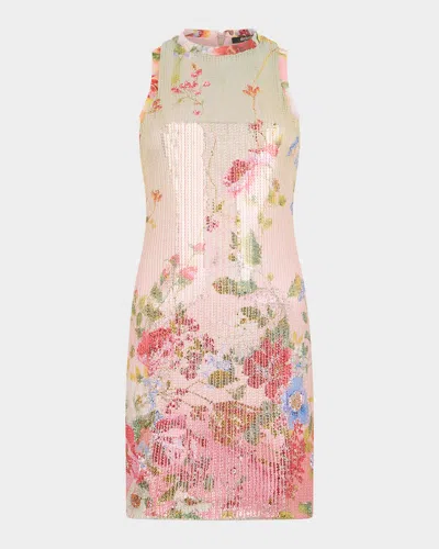 Roberto Cavalli Miami Flowers Print Sequined Mini Dress In Neutral