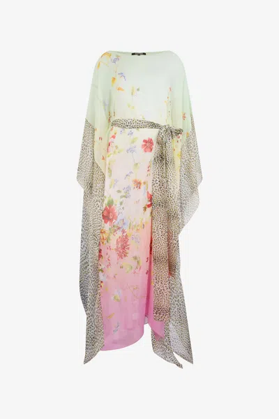 Roberto Cavalli Miami Flowers Silk Kaftan In Multi
