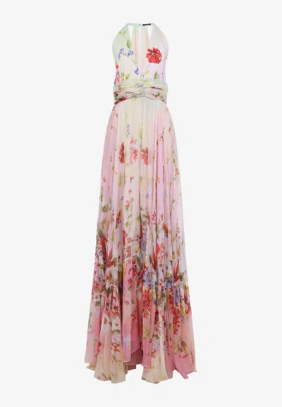 Roberto Cavalli Long Chiffon Dress With Miami Flowers Print In Pink