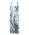 Roberto Cavalli Square Neckline Midi Length Dress With Ruched Detailing In Blue