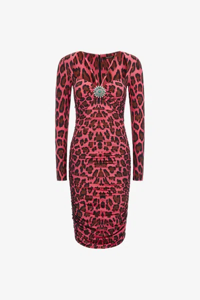 Roberto Cavalli Midi Dress With Leopard Print In Fuchsia
