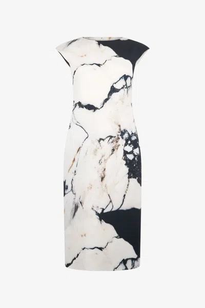 Roberto Cavalli Midi Dress With Marble Print In Black/white