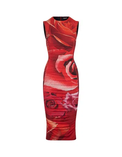 Roberto Cavalli Rose-print Midi Dress In Red