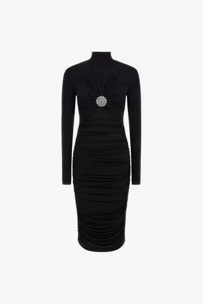 Roberto Cavalli Midi Dress With Ruffles And Stones In Black