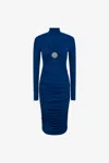 Roberto Cavalli Midi Dress With Ruffles And Stones In Dark Blue