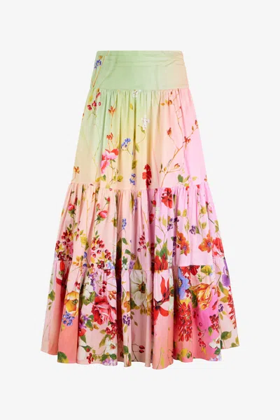 Roberto Cavalli Miami Flowers High Waist Tiered Midi Skirt In Multi