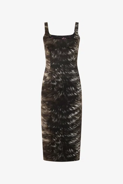 Roberto Cavalli Midikleid Aus Scuba-jersey Mit Fur Print In Black