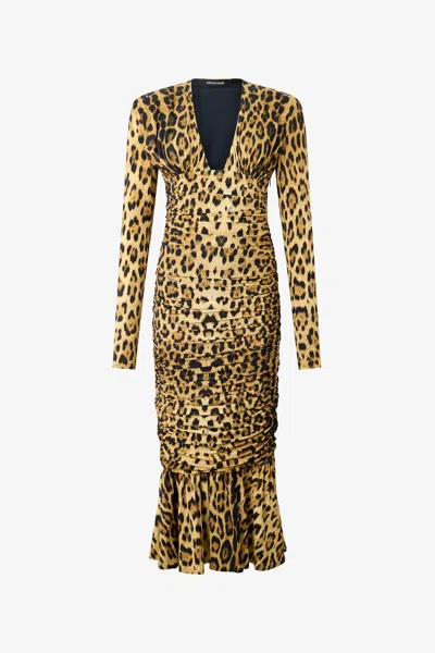 Roberto Cavalli Midi Dress With Jaguar Skin Print In Brown