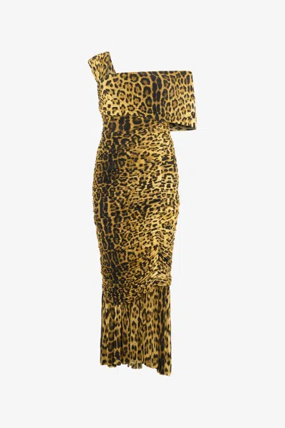 Roberto Cavalli Midi Dress With Jaguar Skin Print In Brown