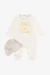 Roberto Cavalli Milk White Romper And Hat Set With Floral Print In Multi