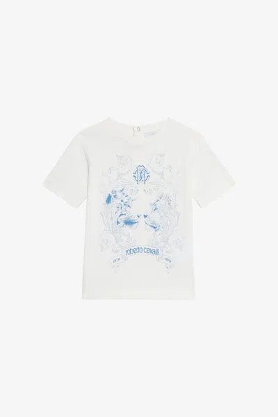 Roberto Cavalli Milk White T-shirt With Feline Print