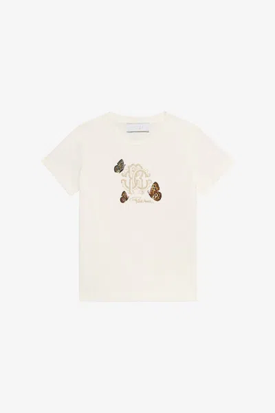 Roberto Cavalli Milk White T-shirt With Rc Monogram And Butterflies
