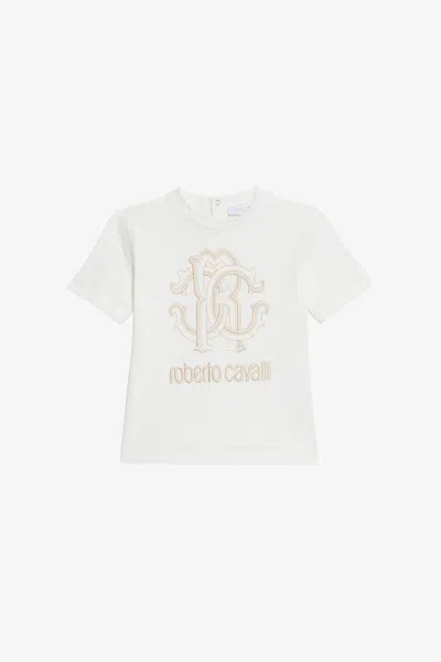 Roberto Cavalli Milk White T-shirt With Rc Monogram And Logo In Neutral