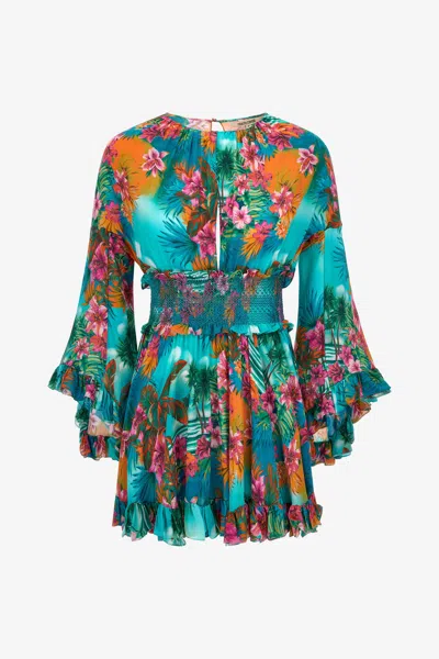Roberto Cavalli Mini Dress Hawaii Print In Green