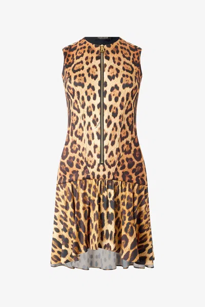 Roberto Cavalli Mini Dress With All-over Jaguar Skin Print In Brown