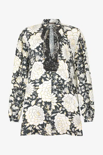 Roberto Cavalli Mini Dress With Floral Print And Lace In Black