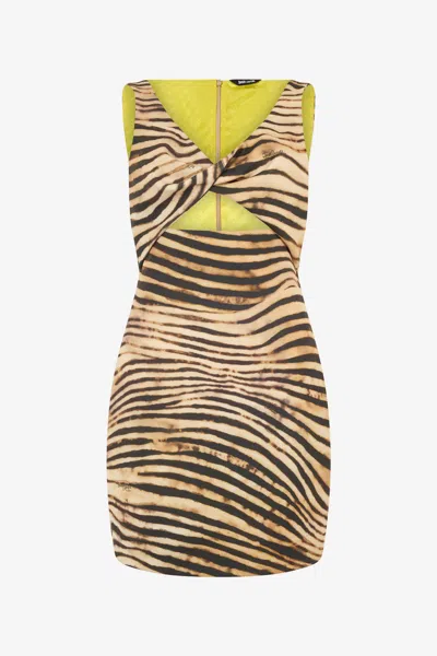 Roberto Cavalli Mini Dress With Tiger Skin Print In Light Brown