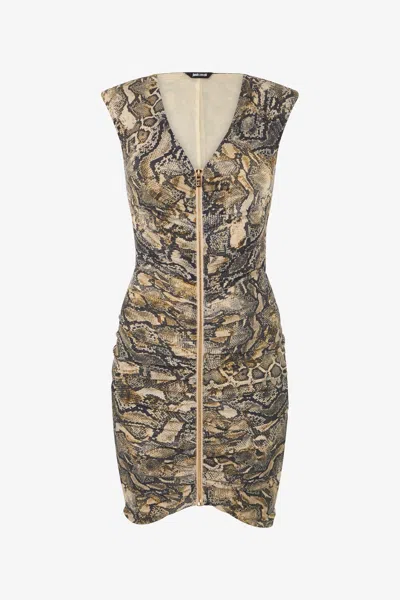 Roberto Cavalli Mini Dress With Zip And Python Print In Corteccia