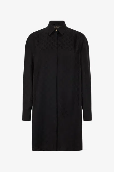 Roberto Cavalli Silk Mini Shirt Dress With Monogram Rc In Brown