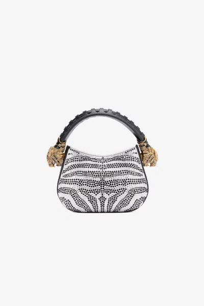 Roberto Cavalli Mini Roar Bag With Rhinestoned Zebra Pattern In Black/white