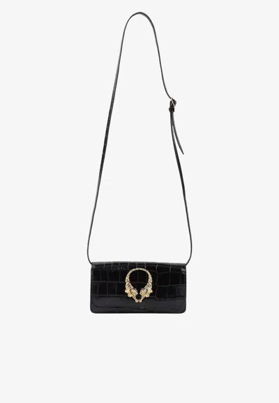 Roberto Cavalli Roar Mini Shoulder Bag Crocodile Gold Strap In Black