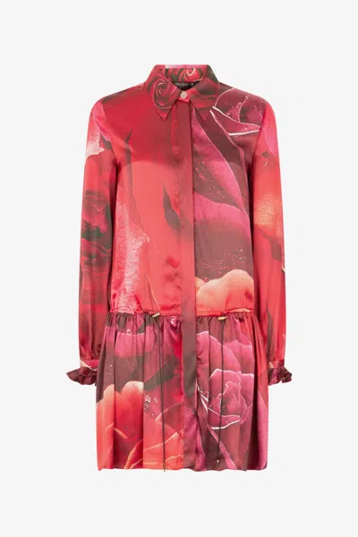 Roberto Cavalli Mini Shirt Dress With Rose Print In Red