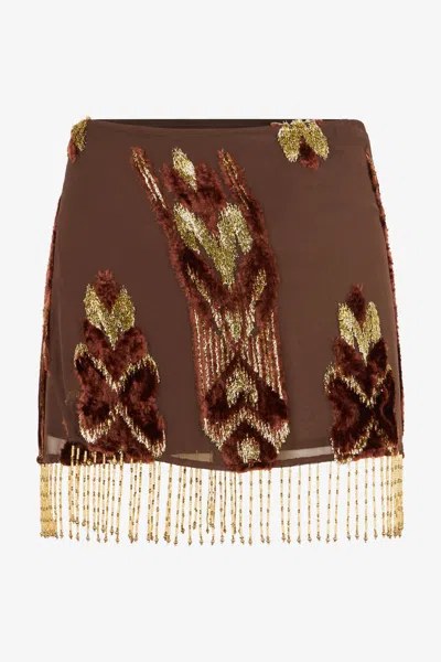 Roberto Cavalli Mini Skirt With Fil Coupé Details And Fringes In Brown