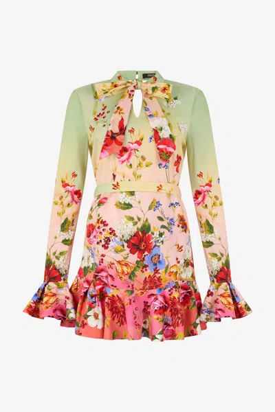 Roberto Cavalli Floral Silk Blend Dress High Neck In White