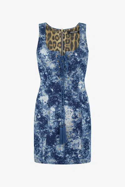 Roberto Cavalli Mini Dress With Discoloration In Blue