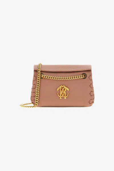 Roberto Cavalli Mirror Snake Leather Shoulder Bag In Light Brown