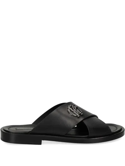 Roberto Cavalli Mirror Snake-monogram Slides In Black