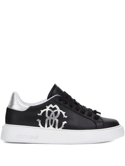 Roberto Cavalli Mirror Snake-print Sneakers In Black