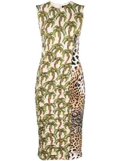 Roberto Cavalli Mix-print Bodycon Dress In Neutrals