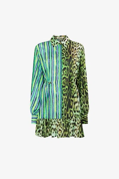 Roberto Cavalli Mix-print Shirt Dress In Lime