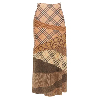 Roberto Cavalli Mixed Fabric Printed Leather Patchwork Skirt In Brown