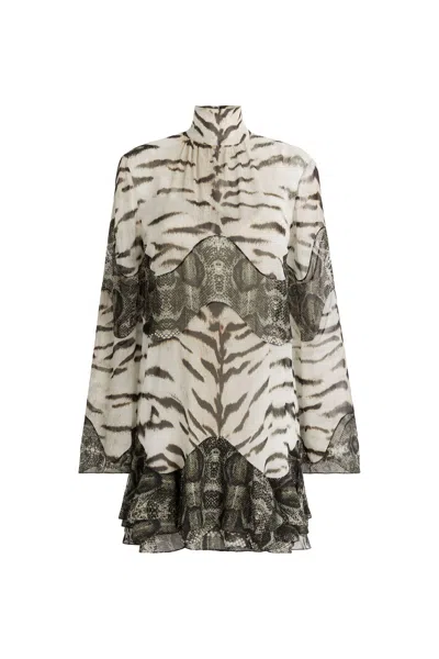 Roberto Cavalli Mixed-printsilk Mini Dress In White/bkack/natural