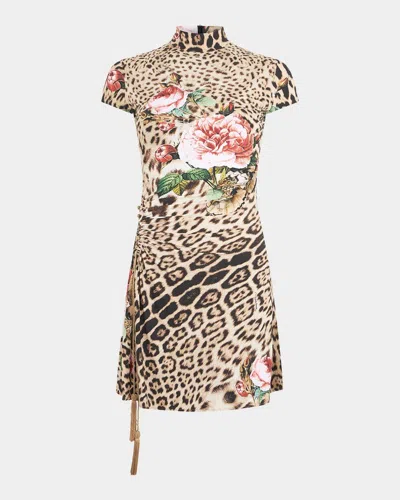 Roberto Cavalli Mock-neck Floral Leopard-print Jersey Ruched Mini Dress In Multi