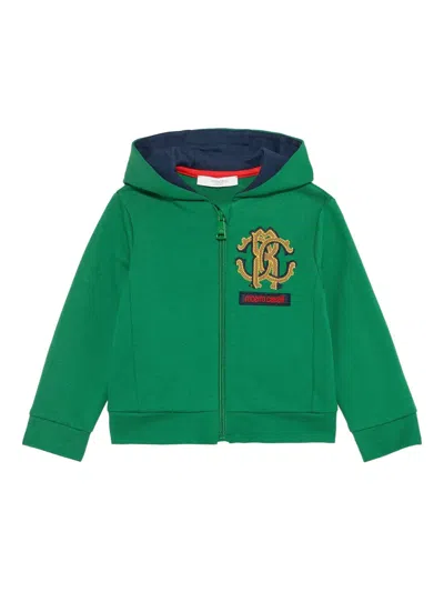 Roberto Cavalli Babies' Monogram Embroidered Zip Hoodie In Green