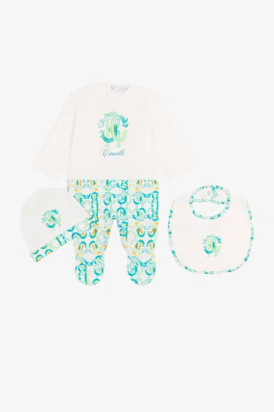 Roberto Cavalli Monogram Logo Print Babygrow Set In Light Green