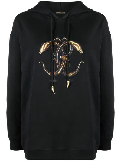 Roberto Cavalli Monogram-print Drawstring Hoodie In Black