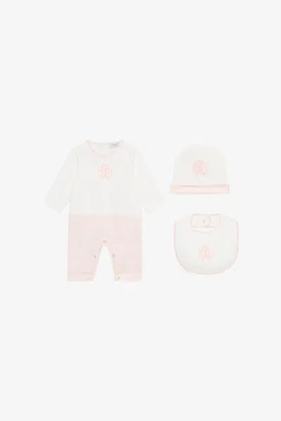 Roberto Cavalli Set Aus Mütze, Lätzchen Und Strampelanzug Mit Monogramm Rc Und Logo In Baby Rose