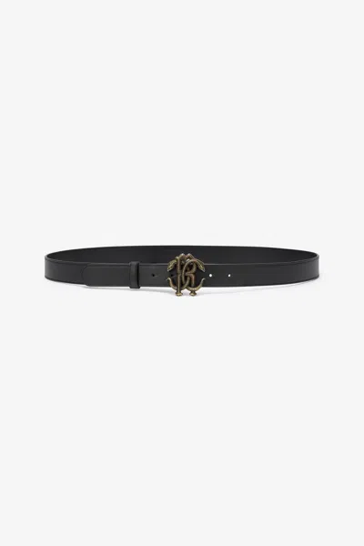 Roberto Cavalli Monogram Rc Leather Belt In Black