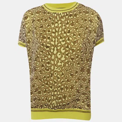 Roberto Cavalli Montenapoleone Yellow Animal Printed Silk & Knit Paneled T-shirt