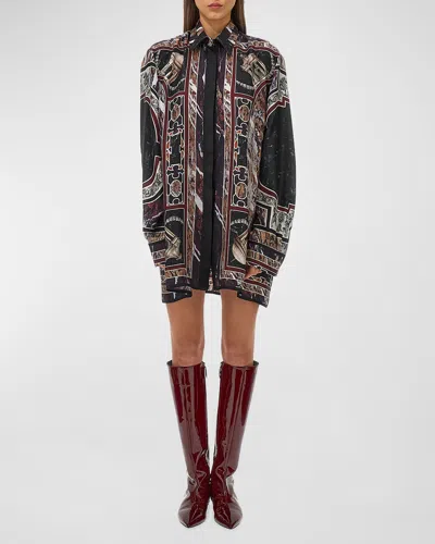 Roberto Cavalli Mosaic Long-sleeve Silk Mini Shirtdress In Purple