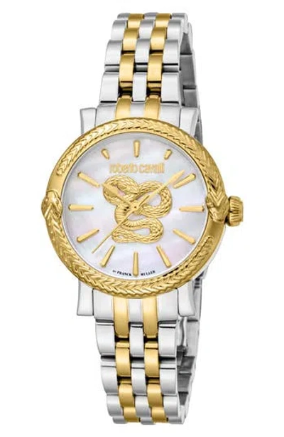 Roberto Cavalli By Franck Muller Mother-of-pearl Bracelet Watch, 30mm In Two Tone Silver & Gold