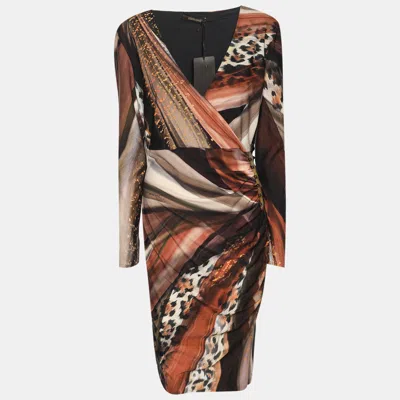 Pre-owned Roberto Cavalli Multicolor Animal Print Stretch Crepe Piercing Draped Midi Dress L