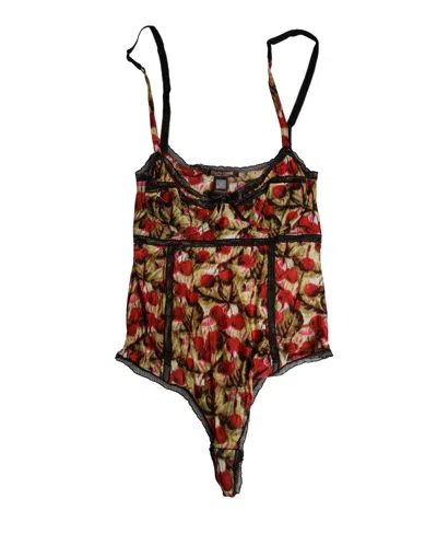 Roberto Cavalli Multicolor Cherryprint Lace Bodysuit Underwear In Black